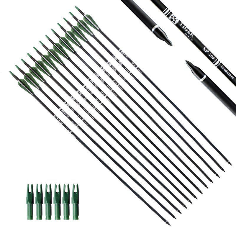 TIGER ARCHERY 30Inch Carbon Arrow Practice Hunting Arrows with Removable Tips for Compound & Recurve Bow(Pack of 12) (Deep Green White)