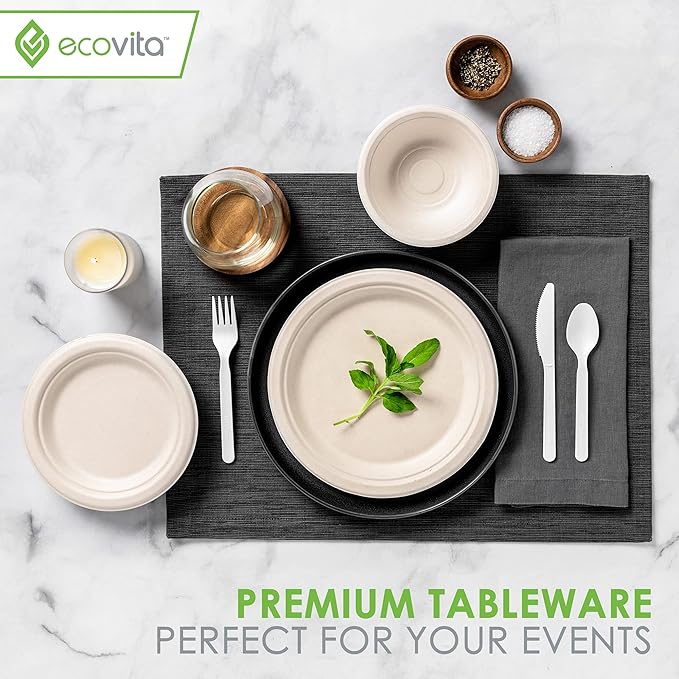 Ecovita 100% Compostable Forks - 500 Large Disposable Utensils (7 in.) Bulk Size Eco Friendly Durable and Heat Resistant Alternative to Plastic Forks with Convenient Tray