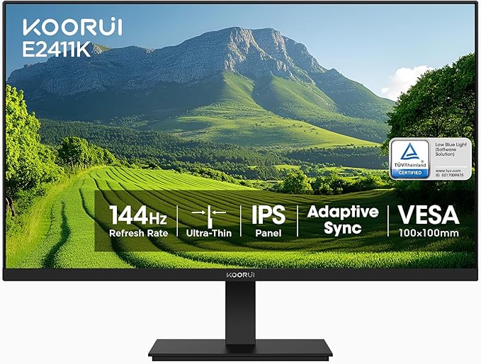 KOORUI 24 Inch 144Hz IPS Computer Monitor Full HD 1920 x 1080p Ultra-Slim Display with HDMI VGA, Adaptive Sync, 99% SRGB, VESA 100x100mm, Eye Care, Tilt, Black, E2411K