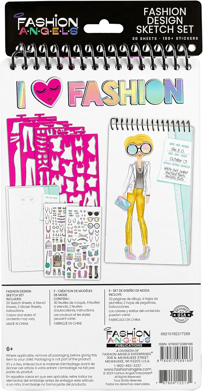 Fashion Angels Fashion Design Sketch Set - Compact Portfolio Sketchbook for Girls, Fashion Coloring Book for Kids Ages 6+, Includes Stencils & 100+ Stickers