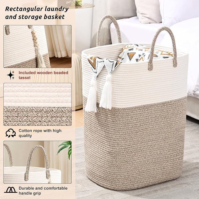 Woven Laundry Basket for Clothes, 100L Large Rectangle Laundry Hampers with Beads Tassel, Nursery Storage Basket for Toys, Tall Dirty Clothes Hamper for Bedroom Aesthetic, Laundry Room Organization