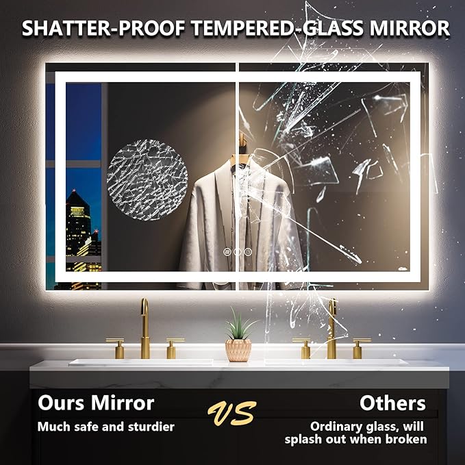 YEELAIT 60x36 Inch LED Bathroom Mirror with Lights Front and Backlit Lighted Vanity Mirror for Bathroom Wall with 3 Colors Dimmable Anti-Fog Memory Shatter-Proof IP54 Waterproof Horizontal/Vertical