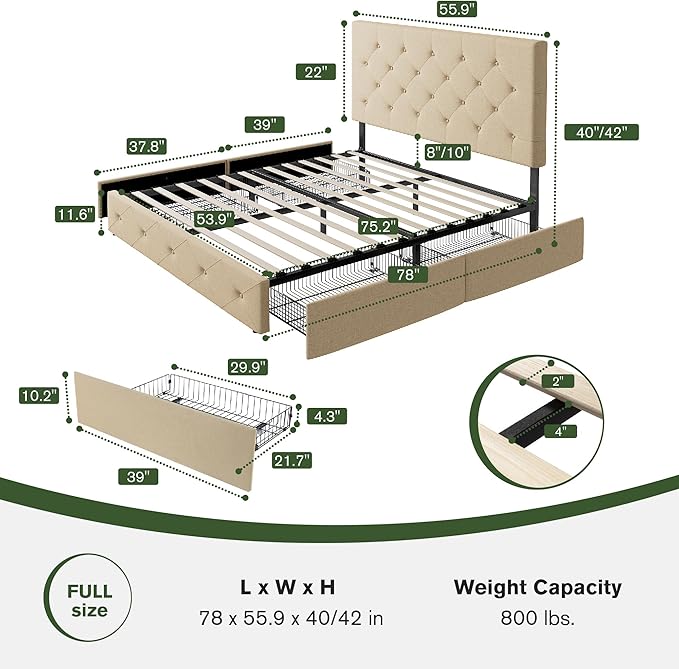 MUTICOR Full Size Bed Frame with 4 Storage Drawers, Upholstered Platform Bed with Button Tufted Adjustable Headboard, No Box Spring Needed, Easy Assembly, Diamond Tufted, Beige Fabric