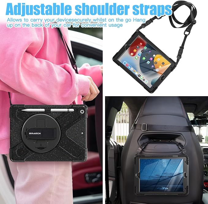 BRAECNstock Shockproof Case for iPad 9th/8th/7th Gen 10.2 Blue | All-in-1 Case Hand Strap &amp Stand Shoulder Straps Pencil Holder Screen Protector – For Office Commute &amp Presentation