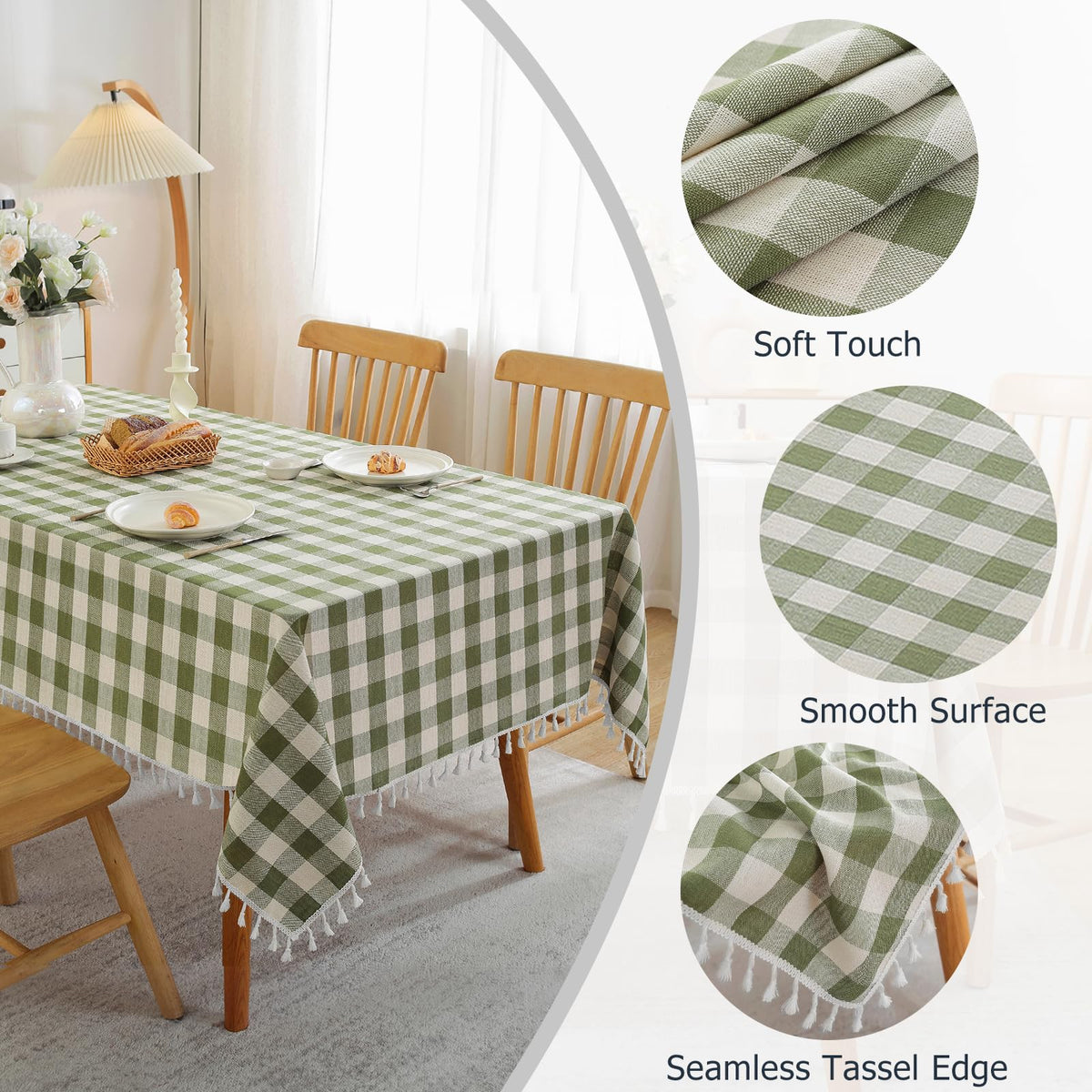 JIALE Spring Checkered Table Cloth Rectangle Cotton Linen Fabric Gingham Tablecloth with Tassel Washable Wrinkle Free Buffalo Plaid Table Cover for Picnic Kitchen Dining, Green, 55x75''