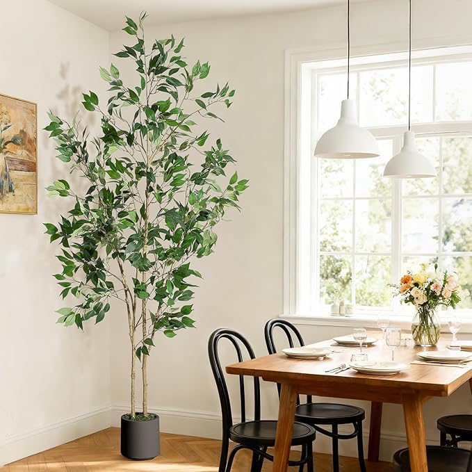 7FT Ficus Trees Artificial Indoor, Faux Silk Plant with Natural Wood Trunk and Lifelike Fruits, Black Imitation Ceramic Planter with Green Fake Moss for Modern Home Office Living Room Decor