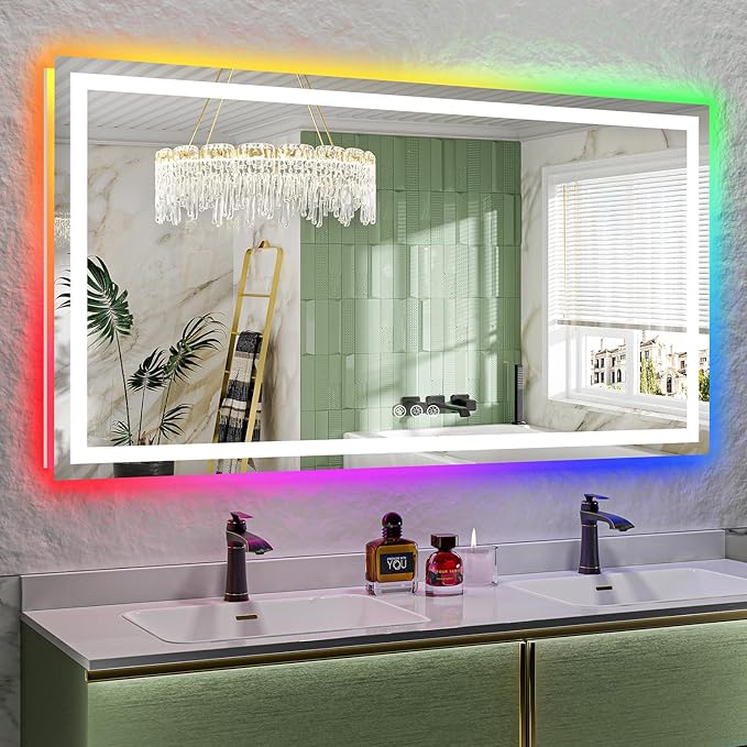 YEELAIT 66x36 Inch RGB LED Bathroom Mirror Front Light and RGB Backlit Lighted Vanity Mirror for Bathroom Wall Mounted Dimmable Anti Fog Memory Shatter-Proof IP54 Waterproof Horizontal/Vertical