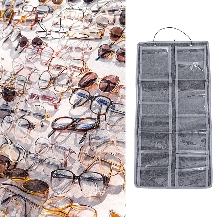 VICASKY Wall Hanging Eyewear Organizer Pouch, Medium Gray Felt Dustproof Glasses Storage Bag with Hanging Hook for Household Use