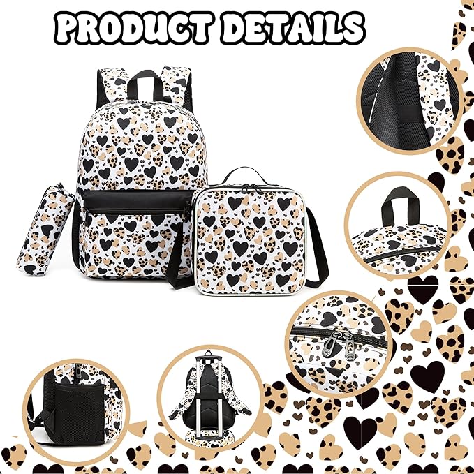 Girls Backpack for School Backpack for Girls 8-10 Kids Backpacks with Lunch Box Leopard Print Schoolbag for Kids