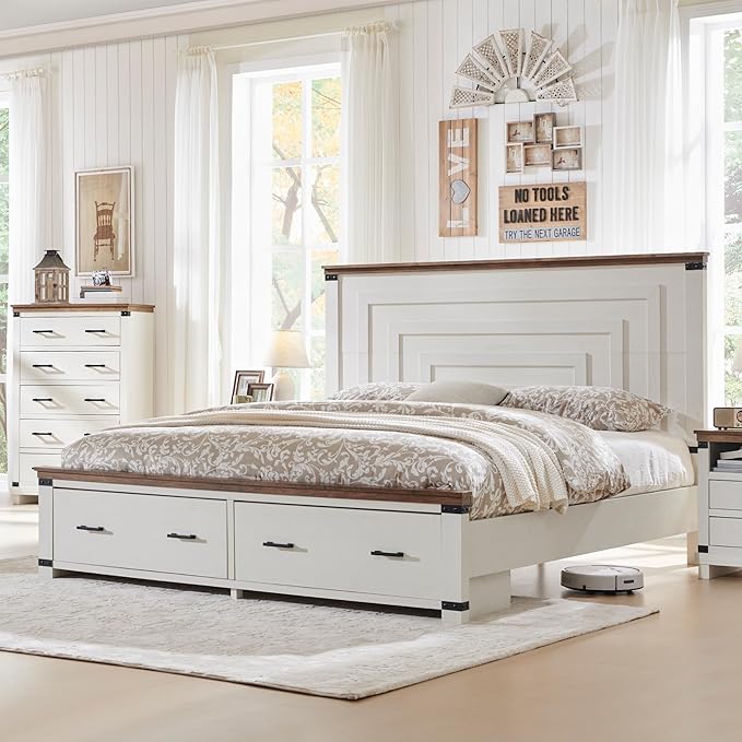 RedLemon Farmhouse Queen Size Bed Frame w/ 54" Tall Geometric Headboard, Rustic Wood Platform Bed w/ 2 Large Storage Drawers, Wood Slats Support, Noise Free, No Box Spring Needed, Antique White