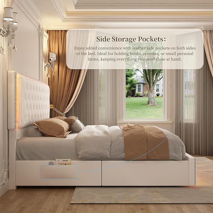 King Led Bed Frame with 2 Drawers, Modern Heavy Duty Upholstered Platform King Size Bed Frames with Crystal Button Tufted Headboard, Solid Slats, Noise Free, No Box Spring Needed, PU White