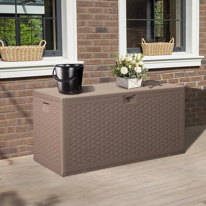 73 Gallon Pro Outdoor Storage Box Waterproof Lockable Resin Deck Box Large, Patio Storage Bin for Pool Accessories Cushion Furniture, Garden Tools, UV-Resistant Outside Delivery Brown