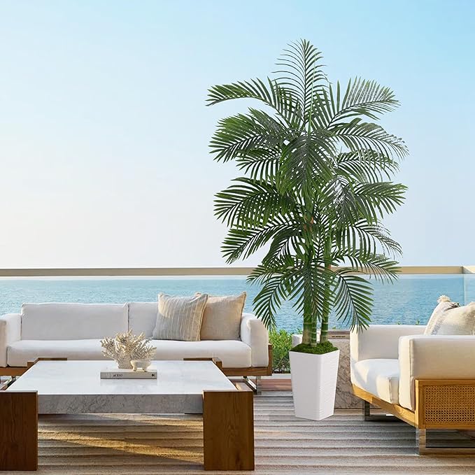 Artificial Golden Cane Palm Tree 7FT, Fake Palm Tree with Three Realistic Trunks and Lifelike Palm Leaves, Faux Palm Plant for Indoor Home Décor with Black Planter