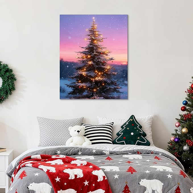 Framed Christmas Pictures Wall Decor,Vintage Pine Tree Prints,Winter Christmas Canvas Wall Art Decoration for Bedroom Bathroom Living Room Rustic Xmas Holiday Gifts (Christmas Tree 12, 12'' X 16'')
