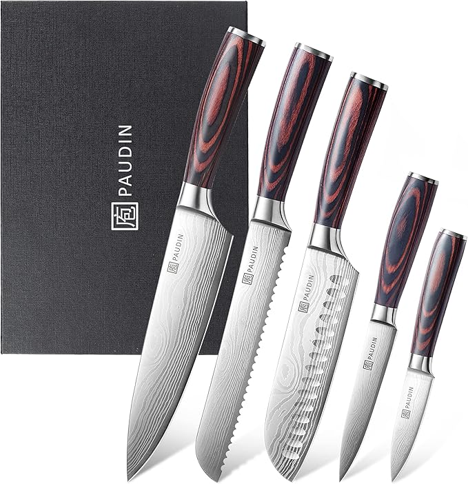 PAUDIN Knife Set, 5PCS Kitchen Knife Set without Block, Stainless Steel Chef Knife Set with Pakkawood Handle, Professional Kitchen Gift Sets for Cooking Lovers & Farther's Day