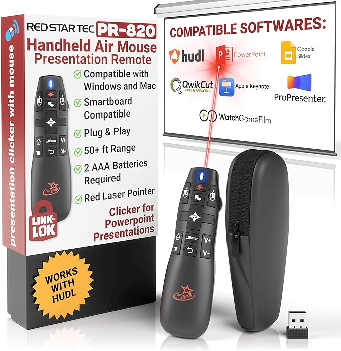 PR-820 Wireless Presentation Clicker with Laser Pointer, PowerPoint Clicker with Air Mouse, Remote for Slideshows, Google Slides, Keynote & Smartboards, Mac/PC Compatible