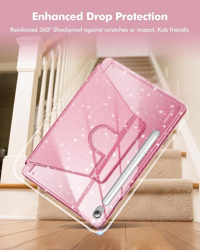 INFILAND Rotating Case for Samsung Galaxy Tab S10 FE/ S9 FE 5G 10.9 Inch/Tab S9 11 Inch 360 Cute Glitter Cover with Clear Back S Pen Holder for Girls Kids Woman (Black)