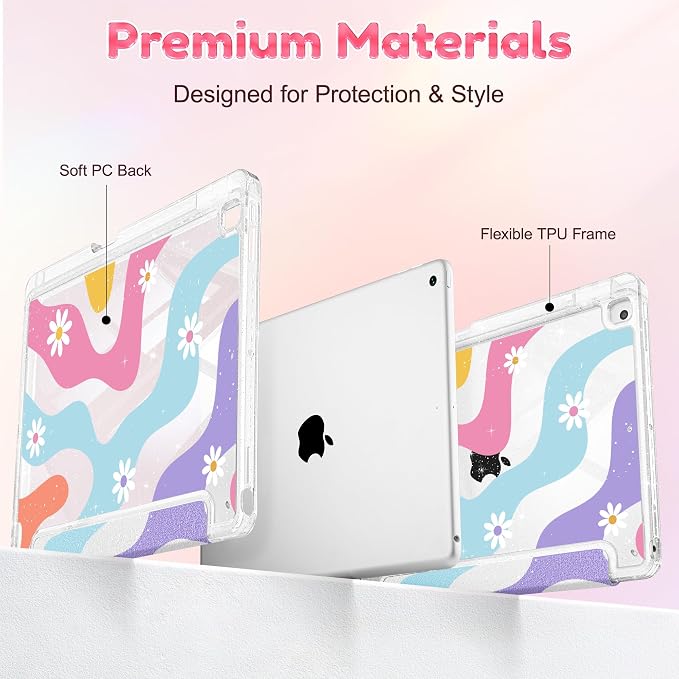 Mektron Sparkly Case for iPad 10.2 inch Glitter Tablet Cases for iPad 9th Gen 2021/8th Gen 2020/7th Gen 2019 Cover with Shiny Clear Back Shell Foldable Bling Smart Cover Blue Floral