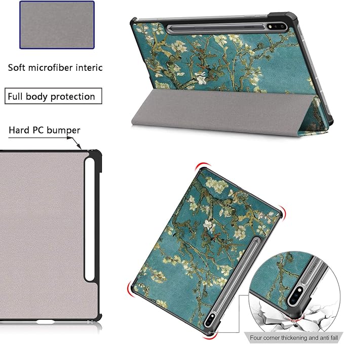 Case for Samsung Galaxy Tab S8 Plus 12.4 2022/S7 FE 2021/S7 Plus 2020 (SM-X800/X806/T730/T733/T736/T738/T970/T975/T976) Lightweight Tri-Fold Stand Thin Cover Auto Wake/Sleep Almond Blossom