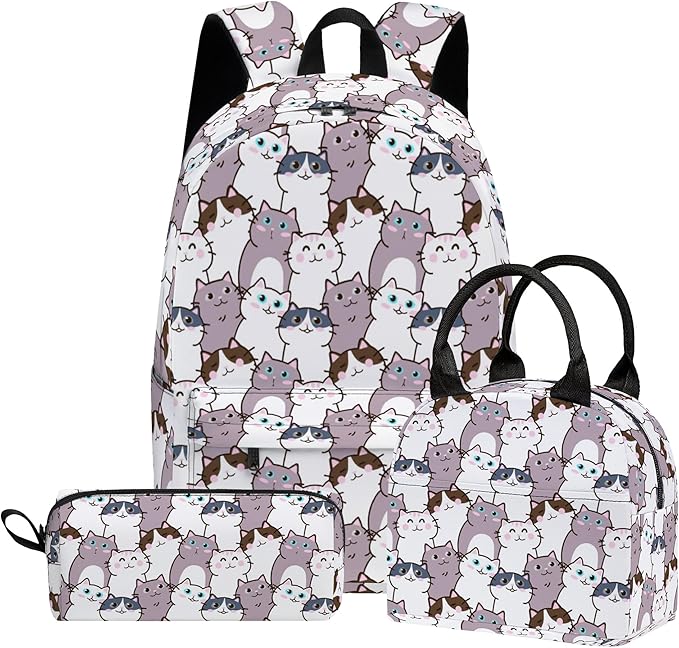 Cat Cute 3PCS Backpack Set for Teens Elementary Middle High School, 17 Inch Lightweight Classic Backpack 3 in 1 Set for Girls Boys, Kids Back to School Backpack with Lunch Box Pencil Case