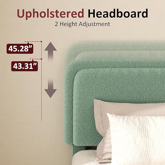 Queen Boucle Platform Bed Frame with Height Adjustable Headboard, Modern Upholstered Cloud Bed, Sleek Curved Design, No Box Spring Needed, Easy Assembly, Noise Free, Green
