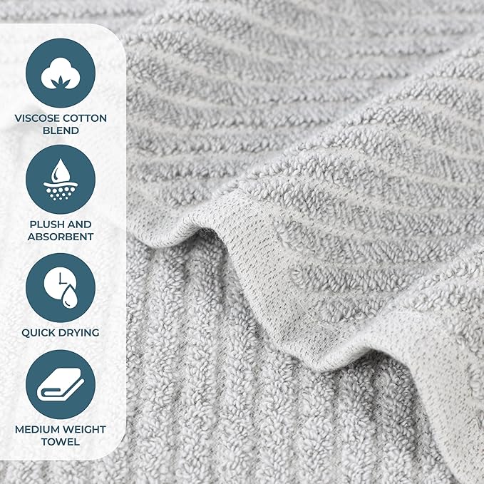 Superior Amelia Viscose Cotton Blend Medium Weight Towels, for Bathroom, Shower, Spa, Plush, Quick Dry, Ultra-Soft Towels, Bath Essentials, Ribbed Design, 9 Piece Assorted Towel Set, Platinum