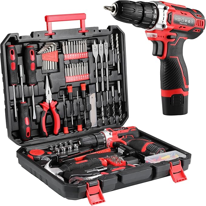 TLGREEN Complete Home Tool Kit with 12V Cordless Drill & Magnetic Bits | 138Pcs All-in-One Set for DIY, Repairs & Assembly | Durable Case & Fast Charging | Ideal for New Homeowners | Red