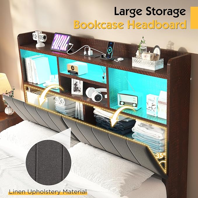 Queen Farmhouse Bed Frame with Bookcase Headboard and 4 Drawers, LED Storage Bed with Charging Station & Linen Upholstered, No Box Spring Needed, Reclaimed Barnwood