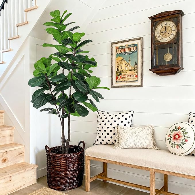 Fiddle Leaf Fig Tree Artificial Plants Indoor - 6ft Realistic Fake Plants Ficus Lyrata Trees, Faux Trees Indoor Floor Plant for Home Decor Living Room Office Christmas Housewarming Gifts