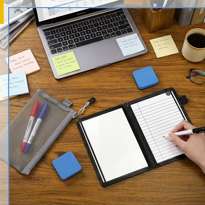 6 Sides Dry Erase Notebook Portable Whiteboards Notebook Small Reusable College Ruled Lined Board Folding Mini Travel Dry Erase White Board for Office Study(Black,A6: 5 x 7 Inches)
