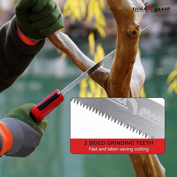 FLORA GUARD Folding Hand Saw, 10-Inch Folding Pruning Camping Heavy Duty Saw with Multi-Level Razer Teeth for Tree Trimming, Wood Cutting, Gardening Tools (Red-10")