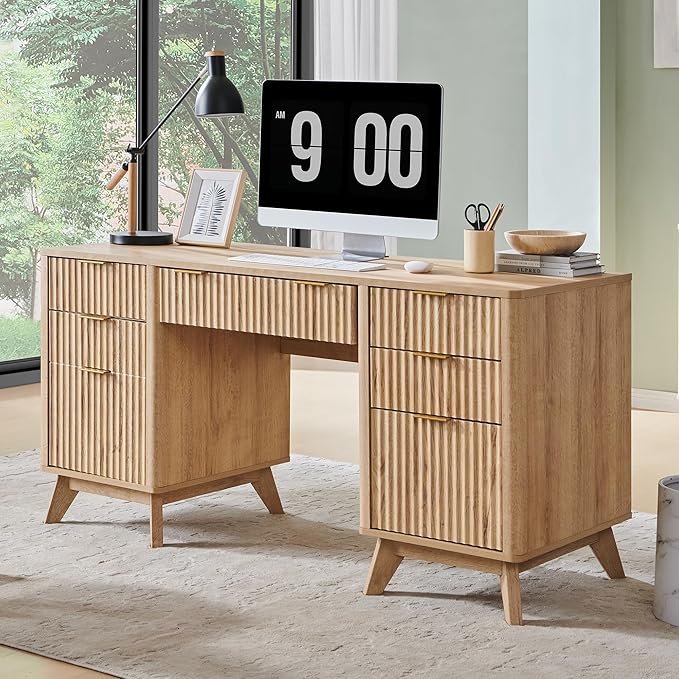 T4TREAM 60'' Fluted Executive Desk with Drawers, Modern Home Office Computer Desk with Charging Station, Keyboard Tray, File Drawer and Storage Cabinet for Study, Living Room, Bedroom, Natural Oak