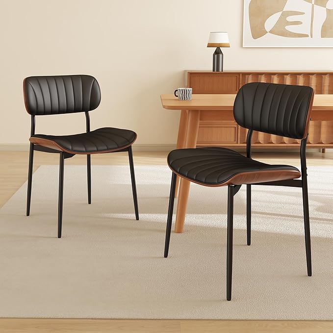 Modern PU Leather Dining Room Chairs Set of 2, Upholstered Kitchen Chairs with Walnut Bentwood Back and Metal Legs Adjustable Feet for Kitchen Dining Room(Balck)