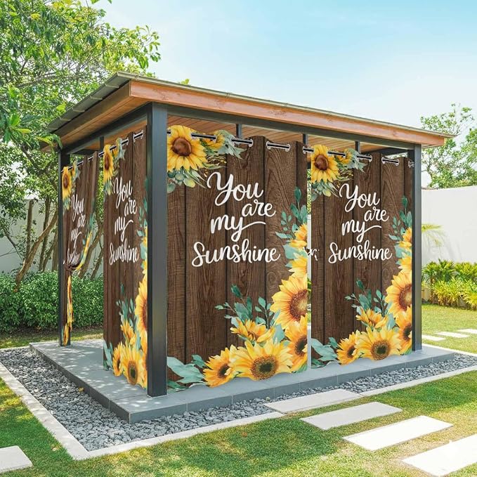 Summer Outdoor Curtains for Patio Sunflowers Eucalyptus Leaves Wood Waterproof