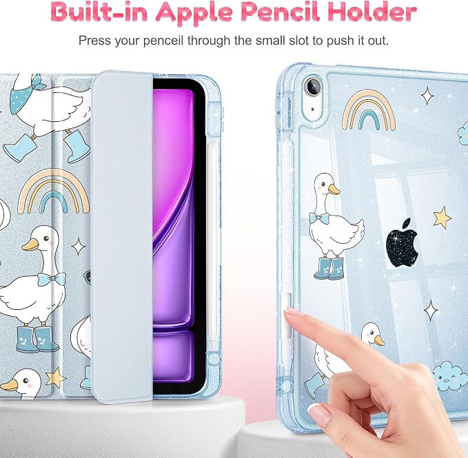 for iPad Air 11 inch M4/M3/M2 (2026/2025/2024) iPad Air 5th/4th Gen (2022/2020) 10.9 inch with Pencil Holder Glitter Clear Pretevtive Cover Auto Wake/Sleep Black Cartoon Stickers