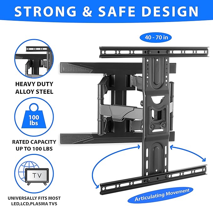 Mount Factory Heavy-Duty Full Motion TV Wall Mount - Articulating Swivel Bracket Fits Flat Screen Televisions from 42" to 70" (VESA 400 x 600 Compatible) - Tilt Swing Out Arm with 10' HDMI Cable