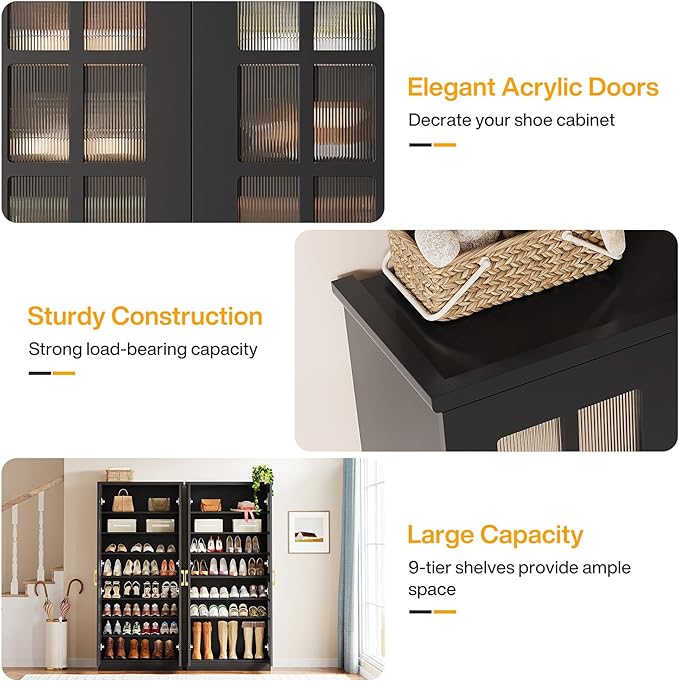 Tribesigns Tall Shoe Cabinet with Doors, 8-Tier Shoe Storage with Adjustable Shelves, Modern Shoe Organizer Shoe Rack Cabinet for Entryway, Hallway, Closet, Living Room, Black