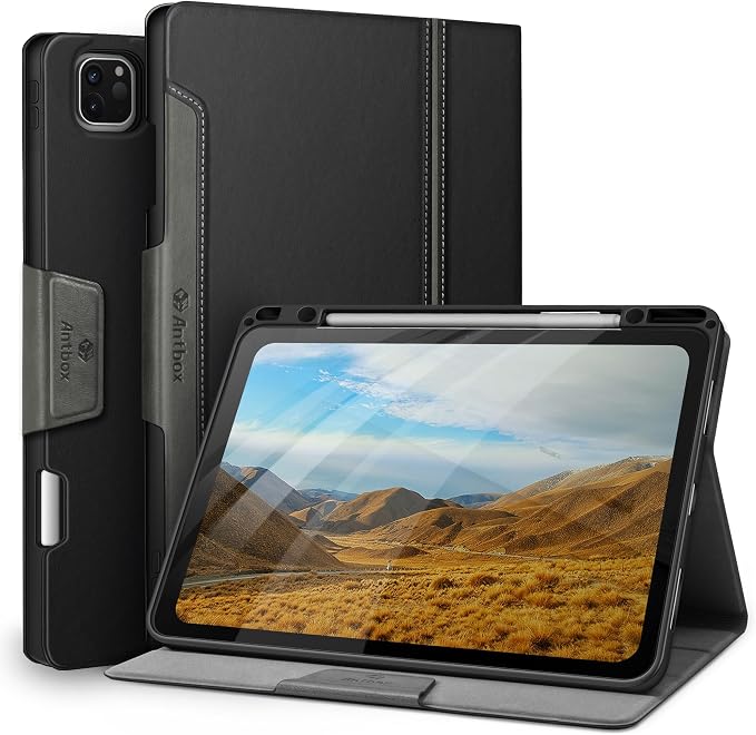 Antbox Case for iPad Pro 12.9'' 6th/5th/4th/3rd Generation Black | Built-in Pencil Holder Auto Sleep/Wake Function PU Leather