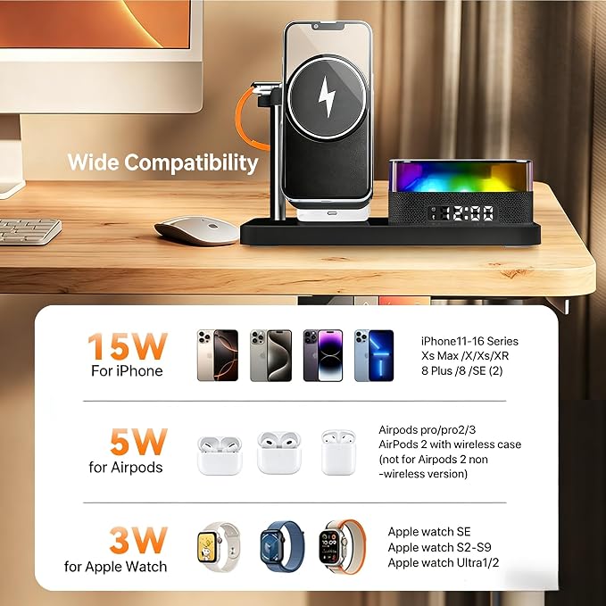 8-in-1 Desktop Charging Station with Bluetooth Speaker RGB Ambient Light Digital Clock Phone Stand Wireless Charger for Phone Watch and Earbuds Black/White (Black)