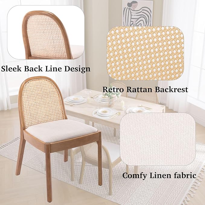 LukeAlon Modern Linen Dining Chairs Set of 6, Natural Woven Rattan Cane Back Side Chairs with Solid Wood Legs Mid Century Dinner Chairs for Kitchen Living Room, Beige