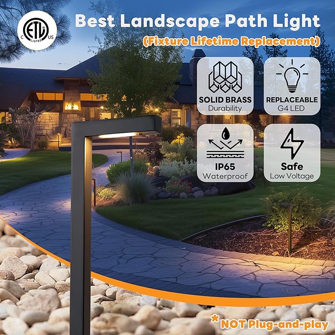 Brass Landscape Path Lights, LED 12V Low Voltage Pathway Lights Wired, Modern Outdoor Garden Lights Waterproof, L Shape Black for Patio Lawn Without G4 Bulb 10 Pack