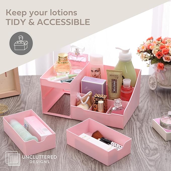 Uncluttered Designs Makeup Organizer With Drawers - Cute Kawaii Countertop Storage for Cosmetics, Pretty Vanity Holder for Perfume, Skincare, Brush, Lipstick, Nail Polish and other Accessories (Pink)