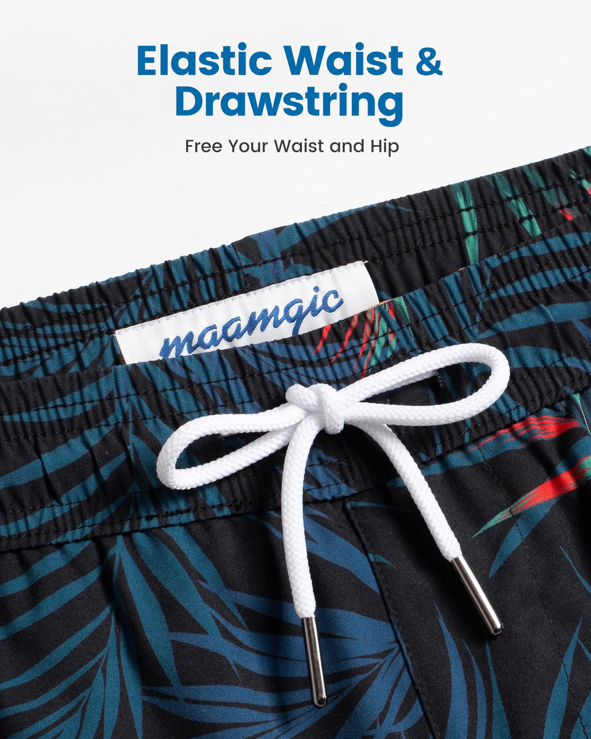 maamgic Mens Swim Trunks with Compression Liner 5 Inch, Quick Dry Bathing Suit with Zipper Pockets, Stretch No-Chafing Swim Shorts, Black-Orange Leaf Silhouette Small