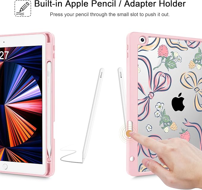 Case for iPad 9th/8th/7th Generation 10.2-Inch (2021/2020/2019 Release) with [Built-in Pencil Holder] Shockproof Cover with Clear Transparent Back Shell &amp Auto Wake/Sleep - Blue Bows
