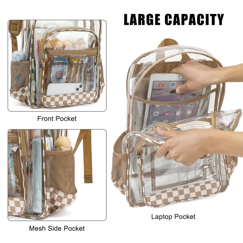 Dezcrab Clear Backpack for School Girls Boys, Heavy Duty Transparent Backpack Kids See-Through Clear Bookbag (Checkered Khaki)