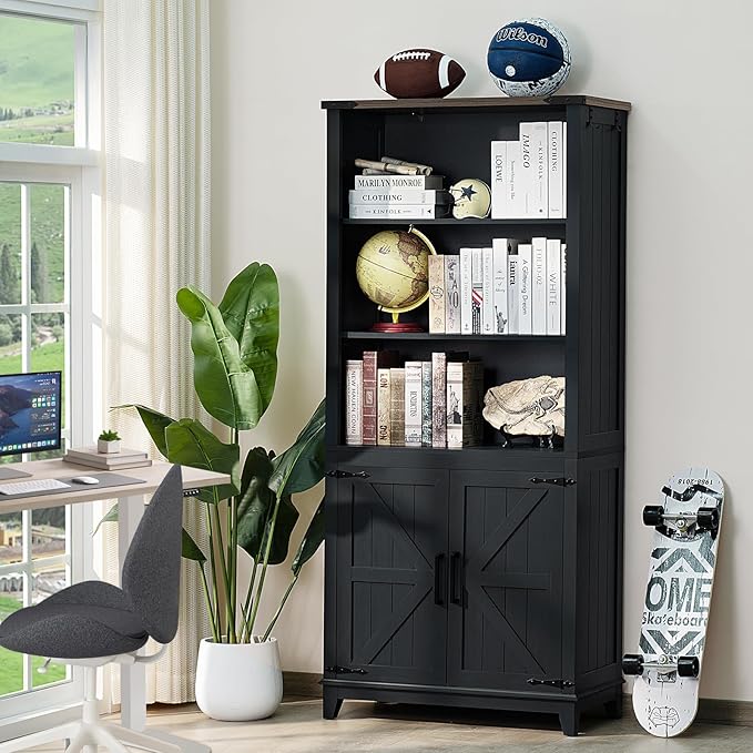 70in Tall Bookshelf 5 Tier Bookcase with Barn Doors and Adjustable Shelves, Black Farmhouse Book Shelf with Storage Cabinet, Wood Freestanding Display Bookshelves for Bedroom, Living Room