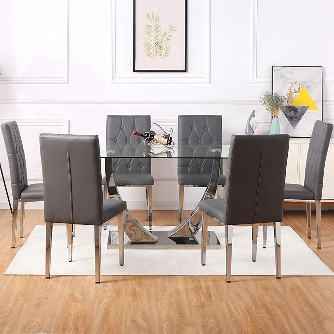 Modern Dining Table for 6, Glass & PU Leather 6-Chair Set, Silver U-Shaped Legs