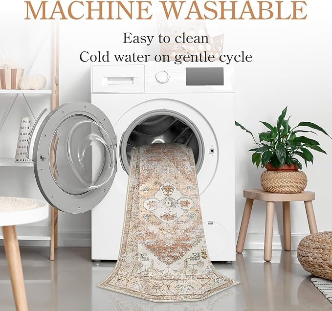 Lahome Boho Washable Runner Rug - 2x6 Hallway Rug Kitchen Runner Non-Slip Throw Thin Bedroom Rugs Laundry Room Oriental Distressed Print Carpet for Entrance Bathroom Living Room