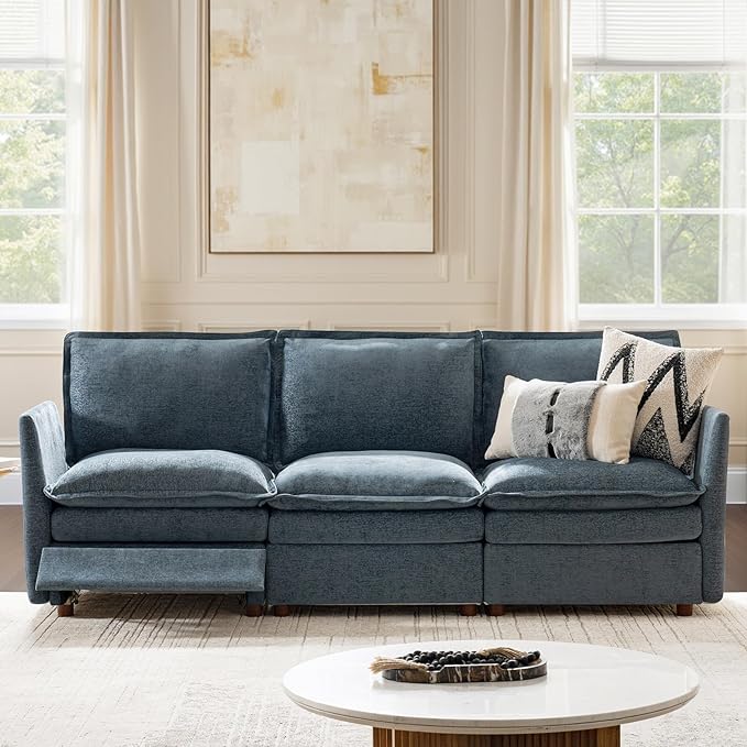 HULALA HOME 98'' Power Recliner Sofa with Dual-Layered Cushions, Oversized Modular Sectional Sofa with Storage Ottoman, Modern 3 Seater Cloud Couch for Living Room, Blue