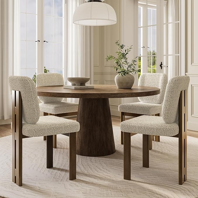 Modern Boucle Dining Chairs Set of 2, Farmhouse Sherpa Upholstered Wooden Kitchen Chairs with Back, Side Armless Dining Room Chairs with Walnut Wood Legs for Kitchen Restaurant, Beige